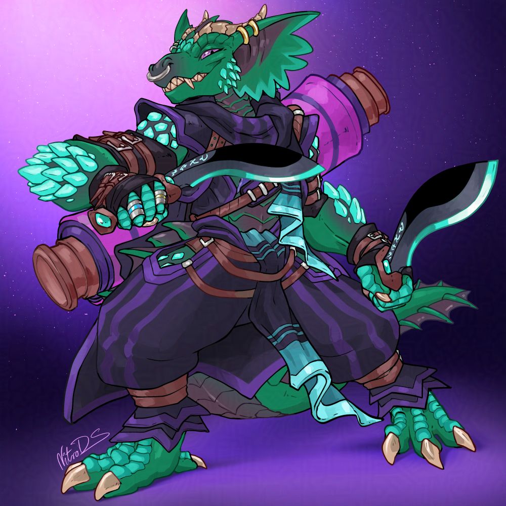 an adventurous kobold with their 2 kukries ready to go on adventures and become a famous hero
