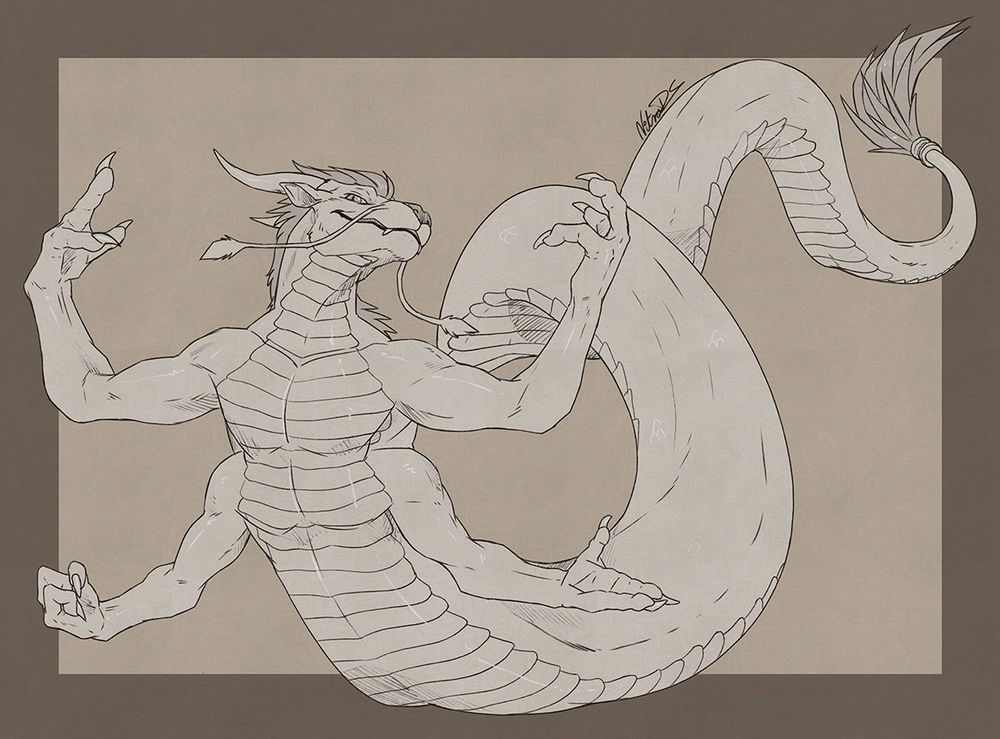 naga snake with tufted tail and whiskers proudly flexing his 4 arms