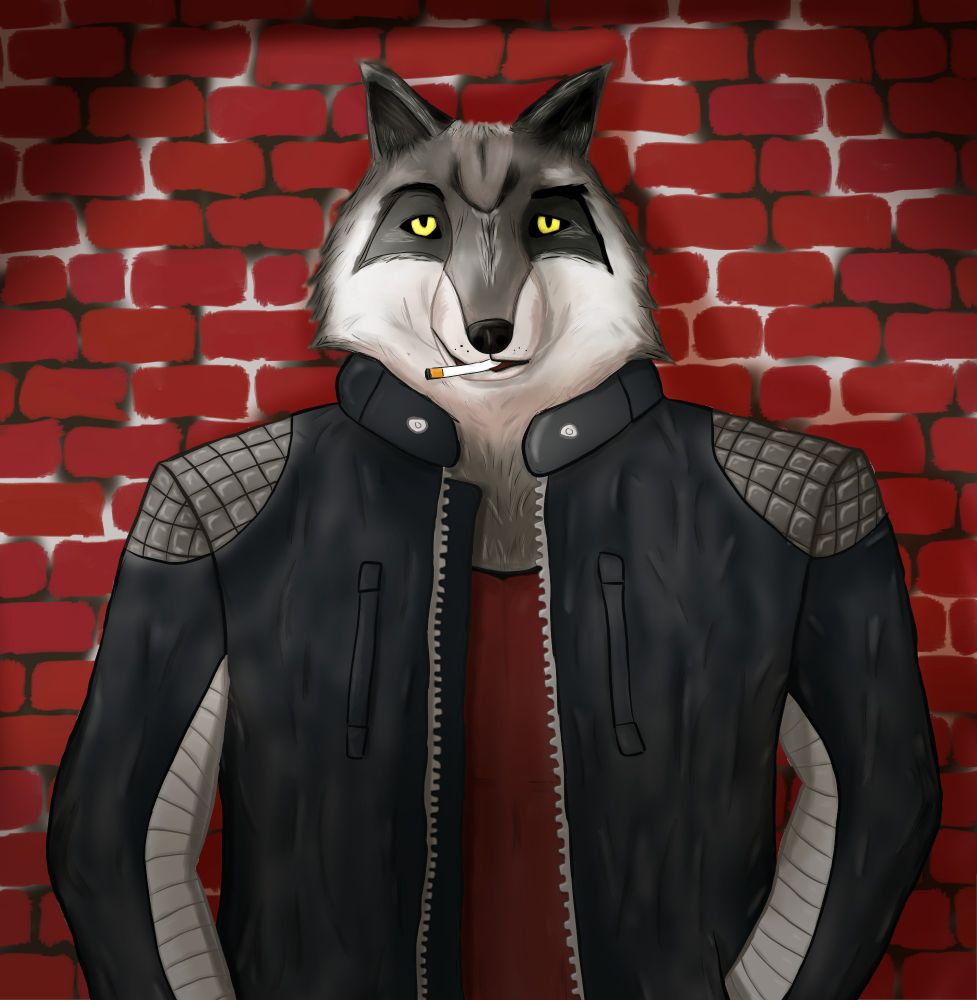 On a background of a red brick wall stands an anthropomorphic gray wolf with golden eyes smoking a cigarette, dressed in a red shirt with a leather jacket on top.