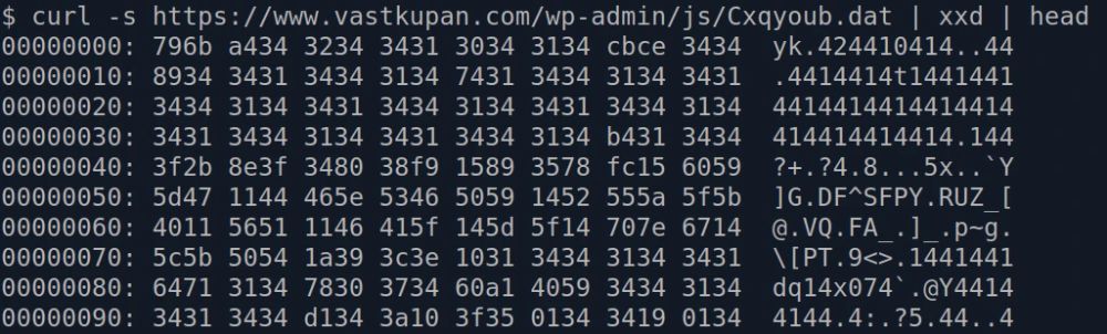 curl -s https://www.vastkupan.com/wp-admin/js/Cxqyoub.dat | xxd | head
00000000: 796b a434 3234 3431 3034 3134 cbce 3434  yk.424410414..44
00000010: 8934 3431 3434 3134 7431 3434 3134 3431  .4414414t1441441
00000020: 3434 3134 3431 3434 3134 3431 3434 3134  4414414414414414
00000030: 3431 3434 3134 3431 3434 3134 b431 3434  414414414414.144
00000040: 3f2b 8e3f 3480 38f9 1589 3578 fc15 6059  ?+.?4.8...5x..`Y
00000050: 5d47 1144 465e 5346 5059 1452 555a 5f5b  ]G.DF^SFPY.RUZ_[
00000060: 4011 5651 1146 415f 145d 5f14 707e 6714  @.VQ.FA_.]_.p~g.
00000070: 5c5b 5054 1a39 3c3e 1031 3434 3134 3431  \[PT.9<>.1441441
00000080: 6471 3134 7830 3734 60a1 4059 3434 3134  dq14x074`.@Y4414
00000090: 3431 3434 d134 3a10 3f35 0134 3419 0134  4144.4:.?5.44..4
