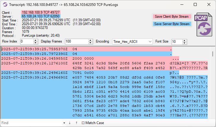 Transcript of PureLogs (or PureCrypter) C2 traffic to 65.108.24.103:62050