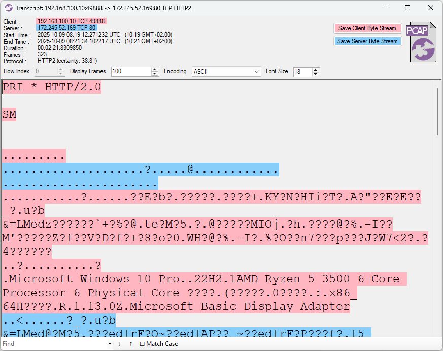 CapLoader transcript of unencrypted HTTP/2 traffic from Nehza
PRI * HTTP/2.0

SM


.........
....................?.....@............
......................
...........?......??E?b?.?????.????+.KY?N?HIi?T?.A?"??E?E??_?.u?b
&=LMedz??????`+?%?@.te?M?5.?.@?????MIOj.?h.????@?%.-I??M'?????Z?f??V?D?f?+?8?o?0.WH?@?%.-I?.%?O??n7???p???J?W7<2?.?4??????
..?..........?
.Microsoft Windows 10 Pro..22H2.1AMD Ryzen 5 3500 6-Core Processor 6 Physical Core ????.(?????.0????.:.x86_64H????.R.1.13.0Z.Microsoft Basic Display Adapter
