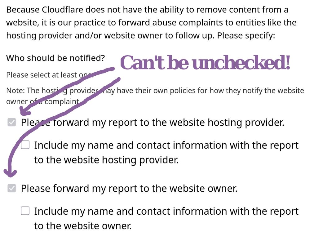 Because Cloudflare does not have the ability to remove content from a website, it is our practice to forward abuse complaints to entities like the hosting provider and/or website owner to follow up. Please specify:

Who should be notified?

Please select at least one.Note: The hosting provider may have their own policies for how they notify the website owner of a complaint.
Please forward my report to the website hosting provider.
Include my name and contact information with the report to the website hosting provider.
Please forward my report to the website owner.
Include my name and contact information with the report to the website owner.