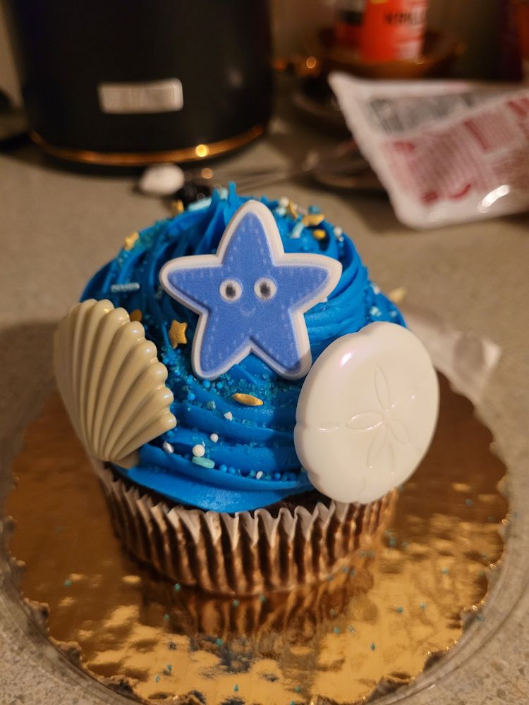 A cupcake with blue frosting and three rings that are the shape of a seashell a sand dollar and a sea star. 