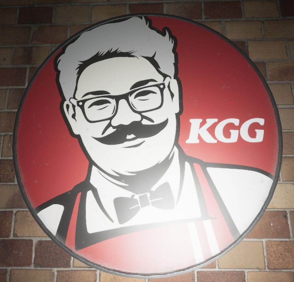 a parody of KFC sign with a different man and the sign saying KGG