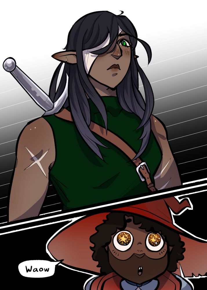 my dmpc, arah, a half-elf feywild ranger looking down at my friends dnd character, salshka, a life domain cleric hill dwarf, who is looking up in arah with awe