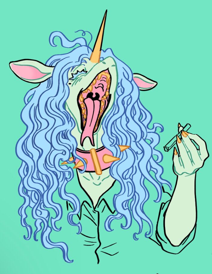 Unicorn sona smoking some medicinal herb and baring their teeth. They’re wearing a spiked pink collar and button down shirt with gold fangs, claws, and horn with a mole beneath their right eye.