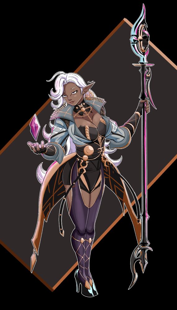 Bellerian from the DNF series game Khazan: The first Berserker. She's standing while looking down on a crystal floeaing on her right hand, while holding her staff on the left.