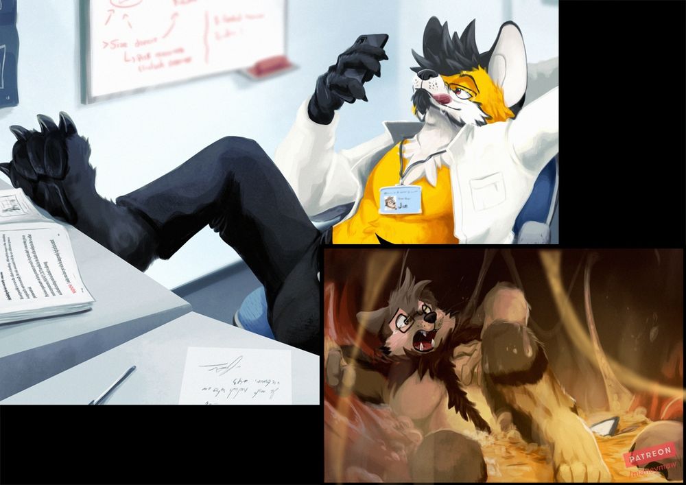 Illustration showing Raf in lab attire, sitting in a lab, checking his phone and licking his lips. A separate panel shows that Jin is deep in his stomach, surrounded by fluids etc.