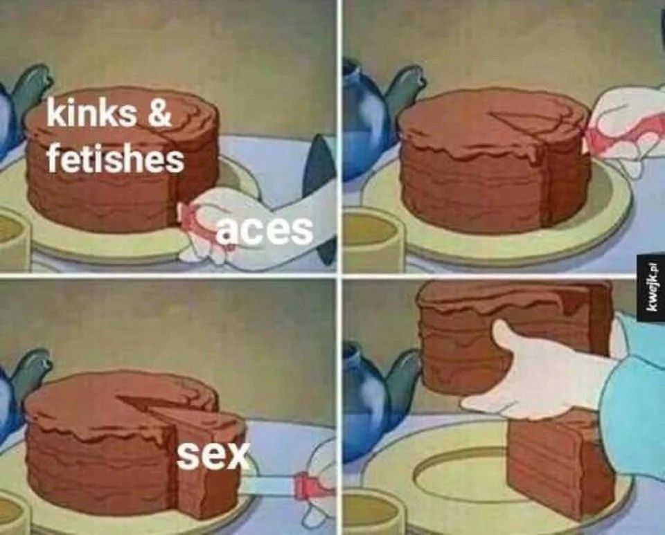 4-panel meme of a cake with parts representing kinks & fetishes, and sex. The character cuts the sex part out and takes out all the rest.
