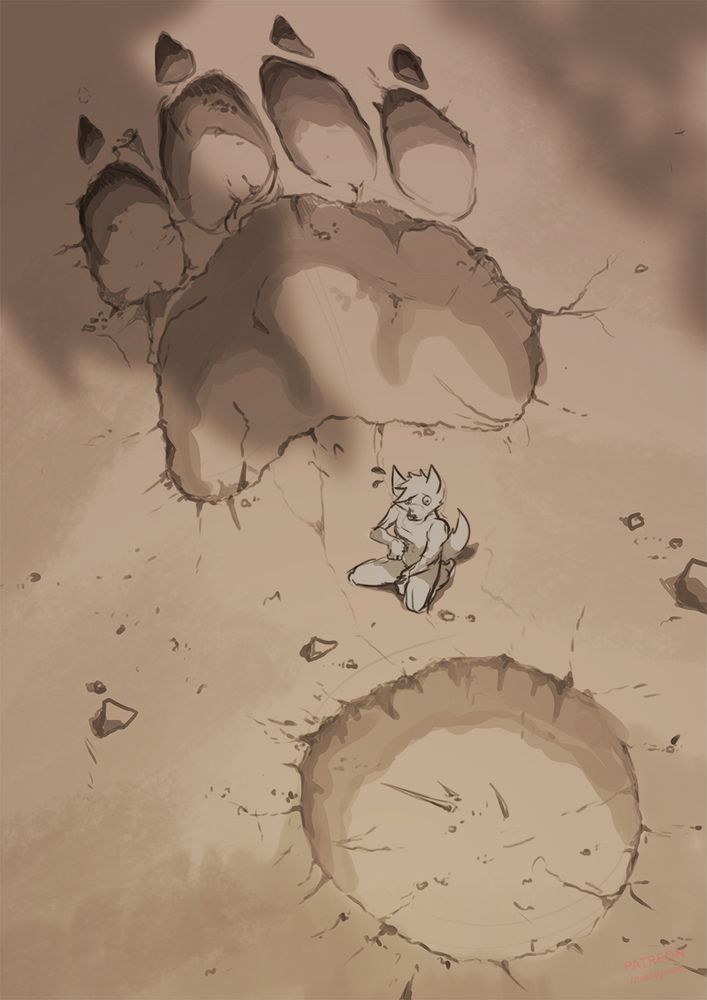 Illustration of a micro character looking distressed while on his knees. The character is between the heel and the ball of the foot of a massive pawprint.