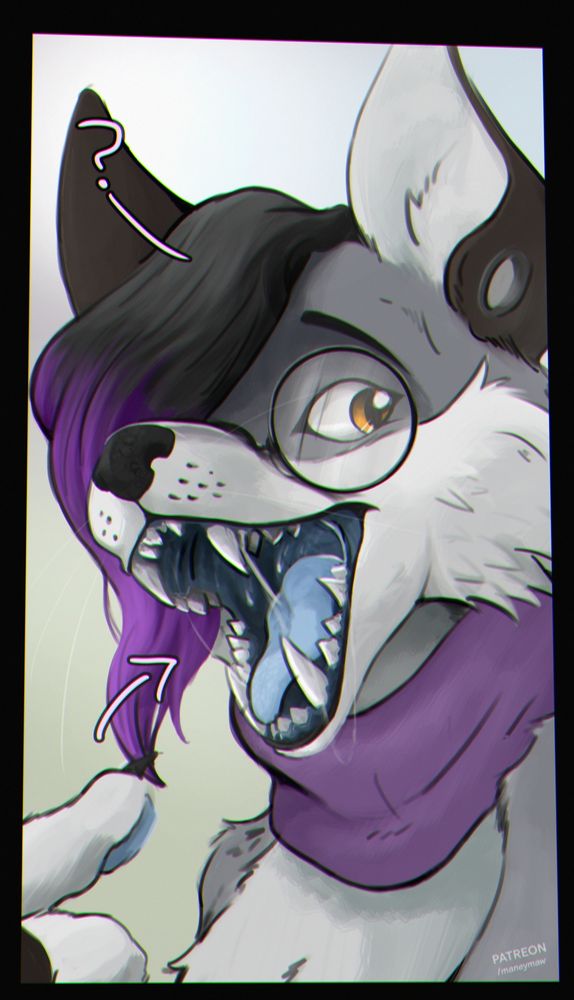 A coloured sketch of a fox character wearing a purple scarf and round specs. The character is pointing to their open maw with an inquisitive look.