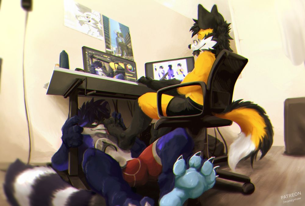 Illustration showing Maney at his desk, working on art on his computer, while his feet rest on Rekky, who's sitting under the desk, face buried in maney's paws.