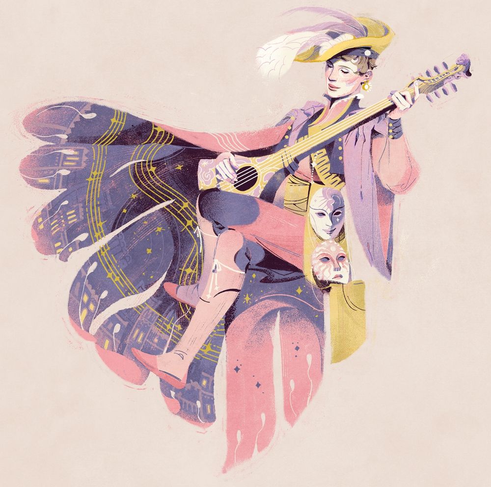 A musical performer sits with their legs draped over another. They are dressed in various layers, colored in light pinks, yellow and dark purple-blue. They are wearing a yellow hat with feathers, playing on a lute in pinks and yellows. Inside their billowing, peacock like coat there is a cityscape and musical notes drawn.