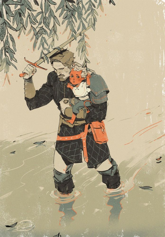 sepia tones, blond man in a gambeson holds a red tiefling daughter trudging through water, holding up a sword yo shield them, but especially the stray chil— did she just? did she just grab a leaf?? a poiSONOUS LEA— jaimie let go — let go oh gods do NOT eat tha—