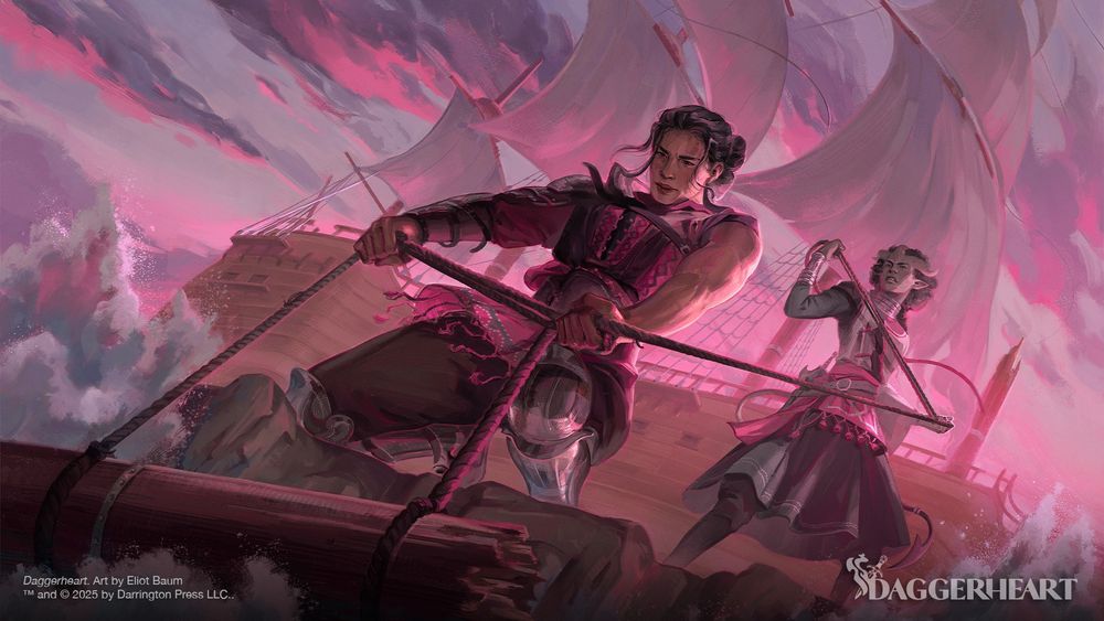 Two women against a pink backdrop with a ship and sundown. They're holding a rope attached to a broken mask, with a muscular woman of asian ethnicity doing most of the work tbh; the slimmer one in the back, a daemon featuring horns has greyish skin and an afro. There's water splashing onto a cliff on the foreground.