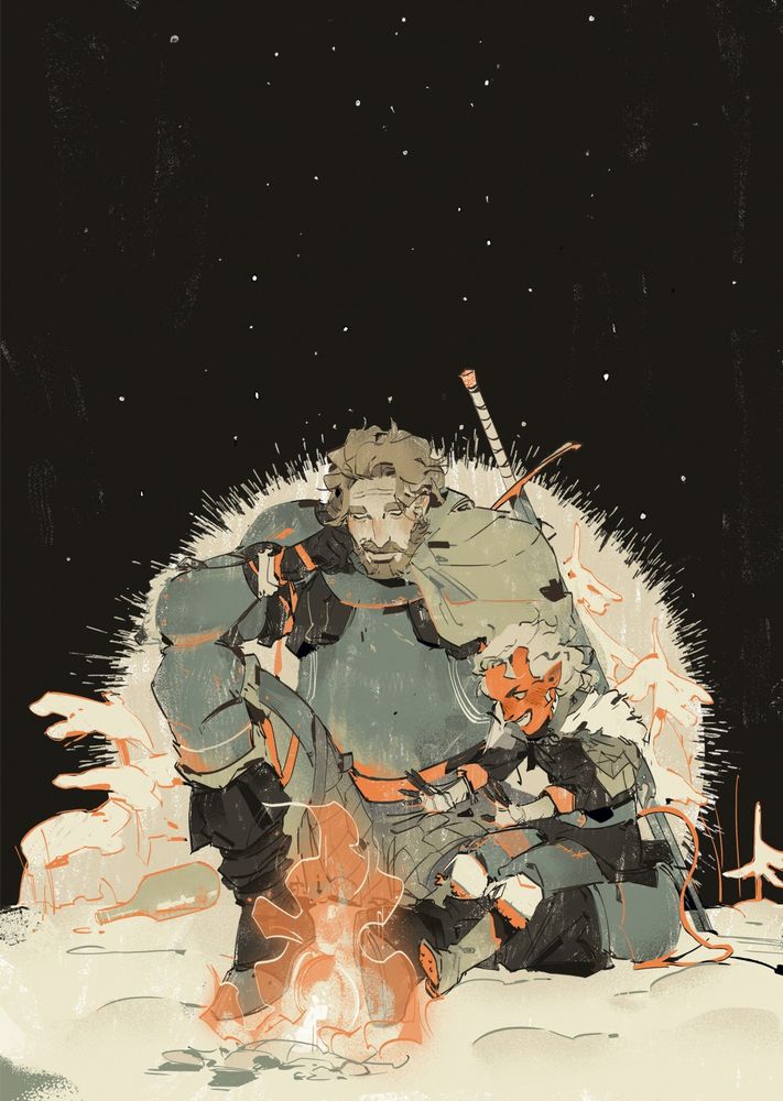 an artwork held in inks and pale blues and beiges with popping reds depicts a mercenary, now adoptive father to a rambunctious Tiefling girl. He's dressed in armor while she wears a thick tunic with a fur collar and fur-lined bootsies. She's warming her hands at a fire she just set, face full of mischievous joy as she retells her latest tales of heroics, speaking of bloody battles with ginormous beasts in strangely gorey detail -- all the work of a 11 year old, of course. While her father, used to her delusions of grandeur starts nodding off, simply making smalls "Aha"s and "Mhm"s while her far too loud voice carries across the snow