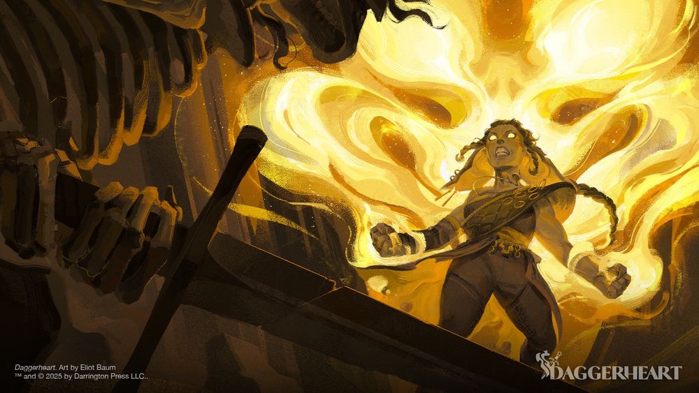 A muscular, female goblin with a long braid and a more tribal outfit summons a yellow aura above and behind her, looking vaguely like a goblin face. a skeleton wielding a greatsword is in the foreground. the illustration is held in brown, orange and yellow hues