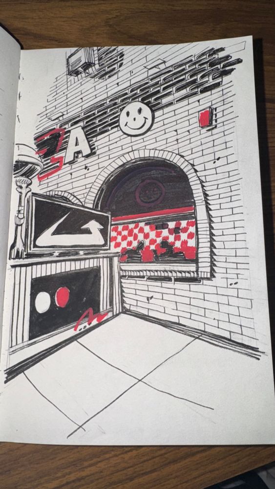 A black and white sketchbook page with red highlights. It shows the exterior of a pizza shop in Brooklyn, next to a subway stop.