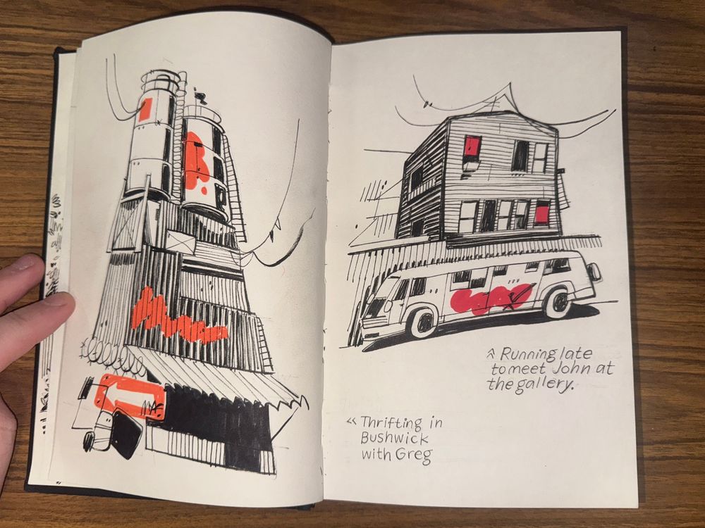 Black and white sketchbook image with pops of orangey red depicting buildings in Brooklyn. On the left, a stack of silos and signs, on the right a graffiti’d van sits in front of a house.