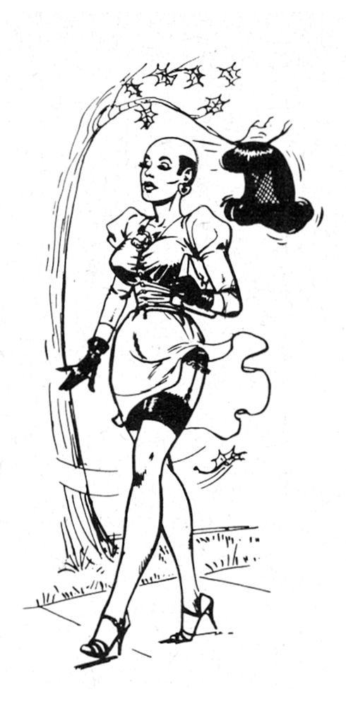 A line drawing of a drag performer losing their wig when an unruly branch snaps it off her head as she walks underneath.