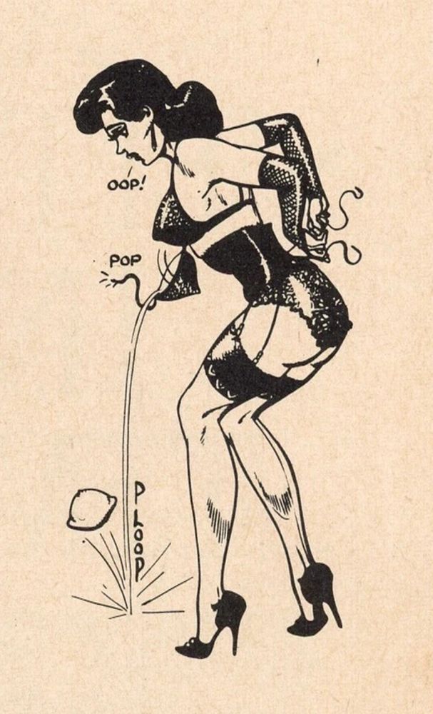 Mid-century line drawing of a femme in lingerie. She is fastening her corset as a lemon falls out of her bra