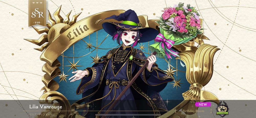 Screenshot of SSR Lilia in Birthday Bloom attire - a black and purple wizard’s robe with gold accents. He’s holding a bloom broom with pink and green flowers and is backed by a golden oval frame with his name on it.