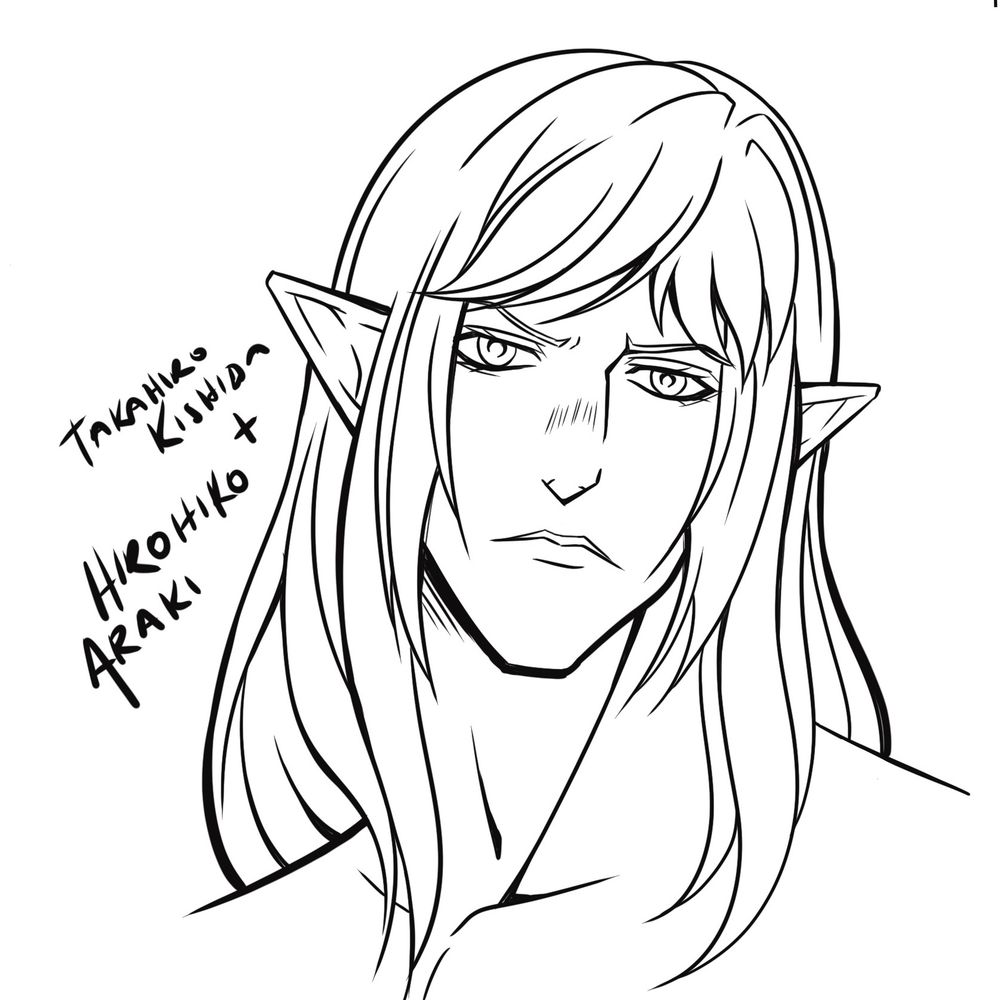 A digitally inked head shot line drawing of Estinien Varlineau in the style of Takeshita Kishida (Character Designer,  JJBA anime) and Hirohito Araki (Creator, JJBA manga) 