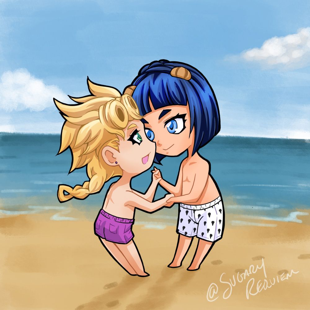 Super-deformed Chibi characters of Giorno and Bruno in swim trunks are holding hands and playing along the water on the beach.