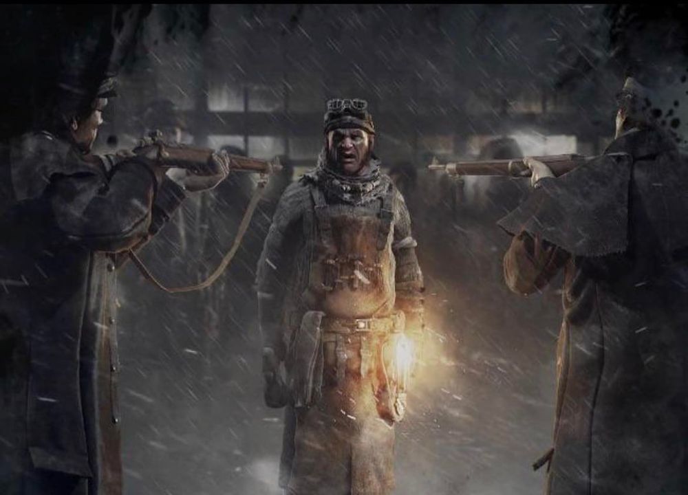 A guy in a snowy backdrop. Two other guys are pointing guns at him.
