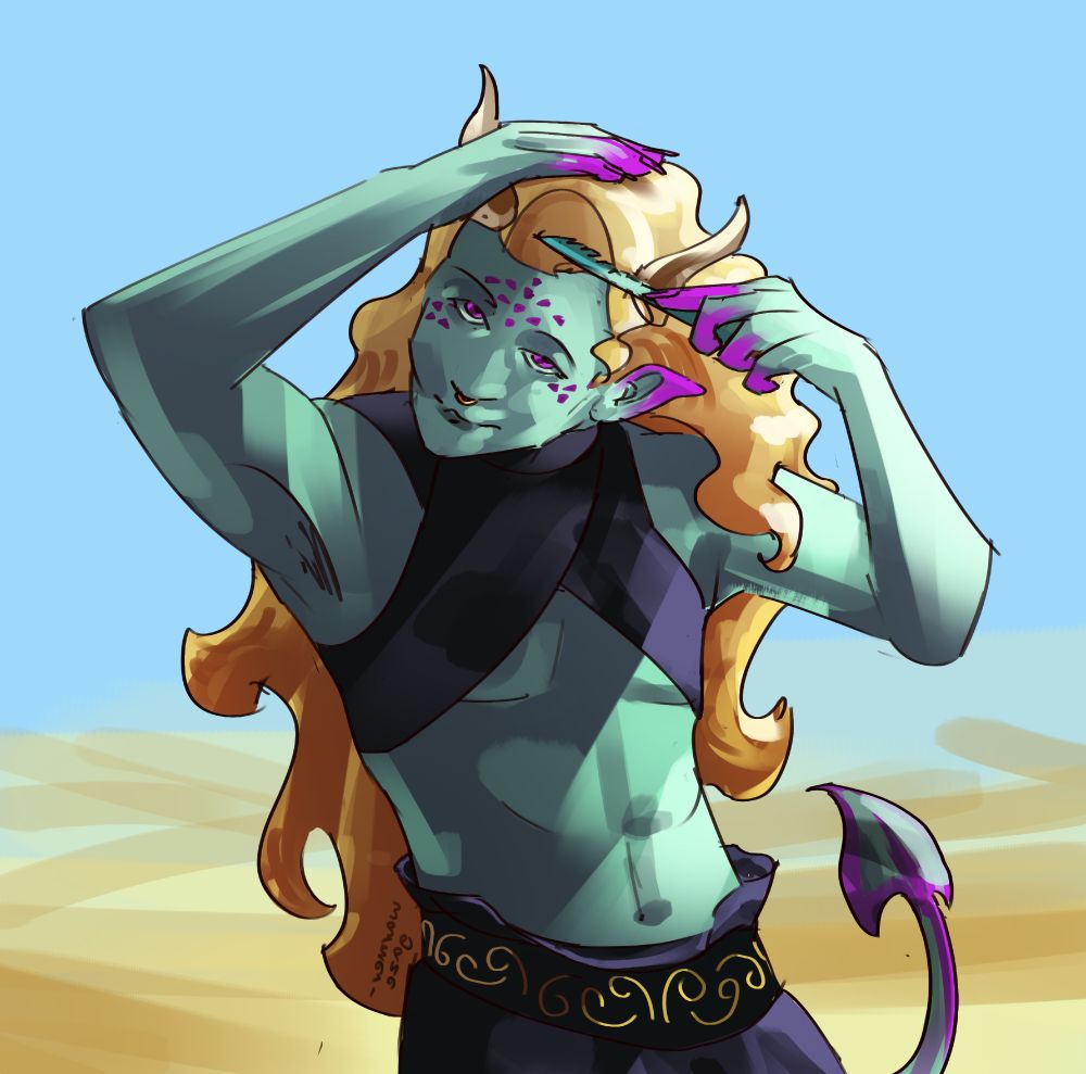 Drawing of a blue blue tiefling combing his curly blond hair