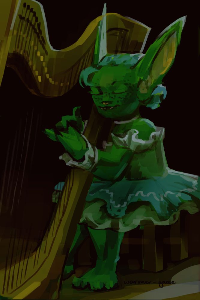 Loose painting of a goblin girl with big ears playing the harp. She is wearing frilly lolita clothes.
