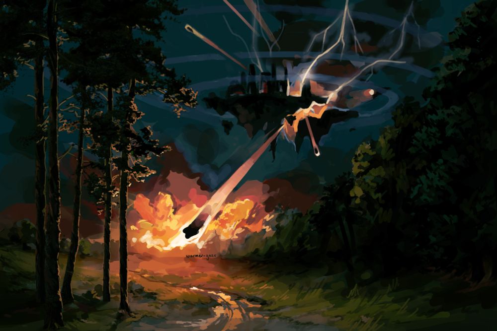 Painting of a floating city exploding into small pieces flying into the air, one colliding with the ground in a large explosion, lighting up the idyllic countryide landscape and muddy lane. The sky is dramatic, with rings of magical energy and and lightning emenating from the city.