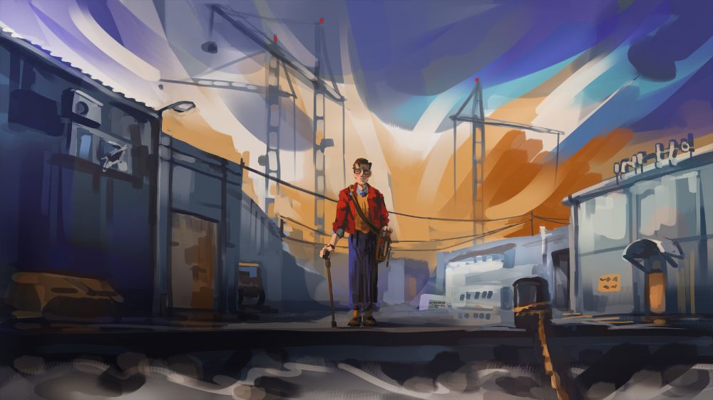 Painting of a figure in bright formal clothing standing using a cane in an industrial area and looking at the sky, in the style of disco elysium