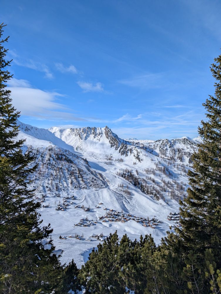 Bick durch Bäume auf das Dorf und die Pisten von Malbun.