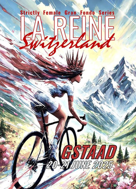 Veranstaltungsposter, eine gemalte Rennradfahrerin in Gstaader Bergwelt (Bild: La Reine)