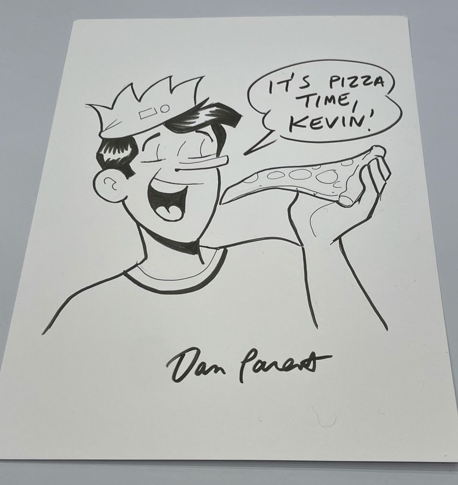 Portrait of Jughead with a slice of pizza and the caption, It’s pizza time, Kevin!