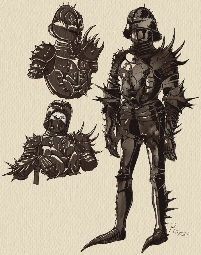 Concept illustrations of a Knight of Pulmone. Their armour is black metal, close fitting, and polished, with a lot of sharp and jagged protrusions. A discerning eye may be able to see a scorpion design on the breastplate and helmet. Despite all this clunky looking armour the knights move without making a single sound. Very spooky to come across within a deep dark scary catacomb! O:
