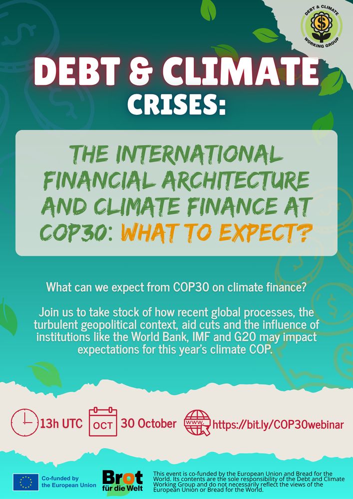 The International Financial Architecture and Climate Finance at COP30: What to expect?

What can we expect from COP30 on climate finance?

Join us to take stock of how recent global processes, the turbulent geopolitical context, aid cuts and the IFIs may impact expectations for this year's COP30.