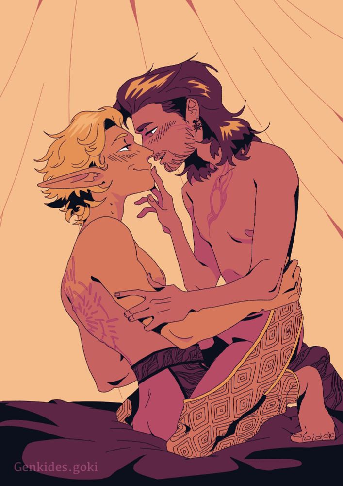 Gale Dekarios and Astarion Ancunín hugging on a bed, under their tent, looking at each other with love 💕