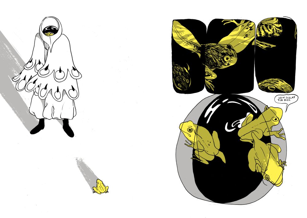 Comicdoppelseite 3+4.
Links: Der Charakter mit der mit Laich gefüllten Vogelkopfschale steht dem Frosch gegenüber.

Rechts: über drei Panel hinweg wachsen die Kaulquappen und bekommen Beine.
Als beinahe ausgewachsene Frösche verlassen sie das Wasser der Kopfschale. Ein Frosch sagt: Kein Schlaf für dich.