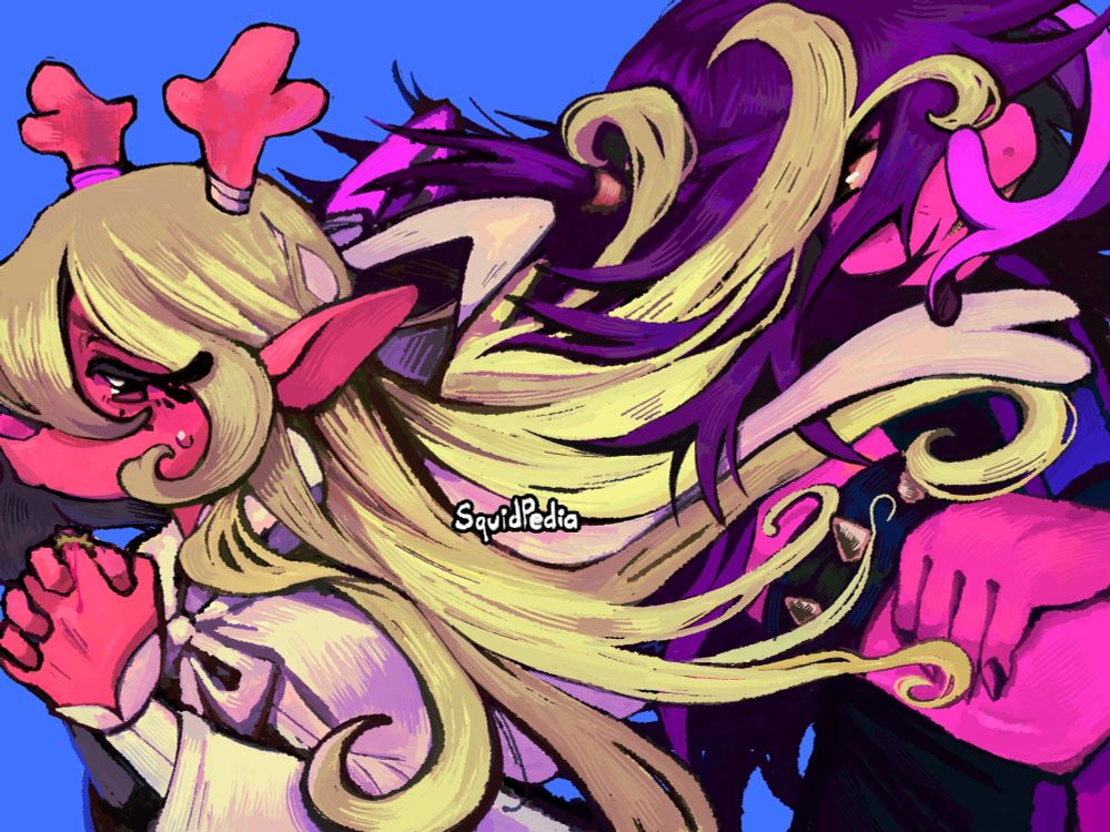  Susie and noelle standing back to back. Noelle clutches her hands together tightly with a worried look. Susie stands firm, cross-armed and glancing behind towards Noelle. Their hair entertwines with one another in the middle of the canvas, a lot of Noelle’s locks and breezing past susie’s face. She has the twin ribbons equipped, one pink ribbon and one white ribbon tied to her antlers. 