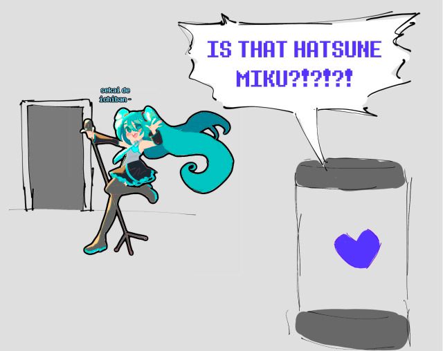 The blue soul yells “IS THAT HATSUNE MIKU?!?!?!”. Miku is standing in front the doorway singing the opening to World Is Mine and has a cyan soul.