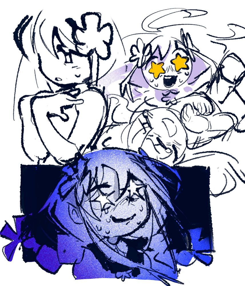 Various doodles of my integrity fallen kid oc, Lilac. In the top left their hair is down and their wrists bend to touch below their neck-area. The top right doodle shows their pupils taking the form of bright yellow stars and looking extremely nervous. The doodle below that shows them lying on the back laughing with tears in their eyes. The bottommost doodle shows them with star eyes again, now bright white and much sharper where the star,s points form. Sweat drips down their face while they force a smile.