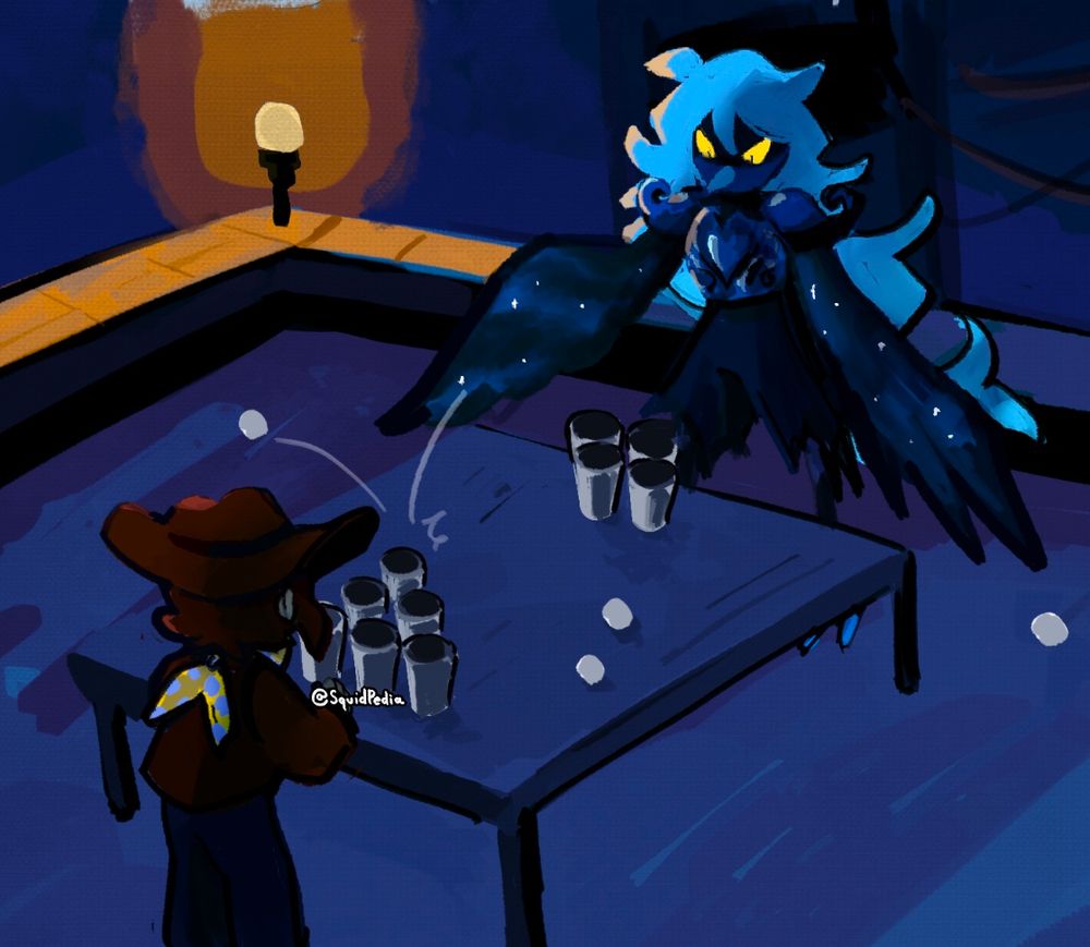 Clover and Martlet playing cup pong on the rooftop where the zenith martlet fight takes place