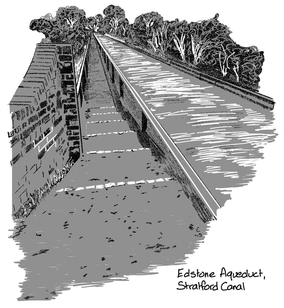 Pencil style drawing of an aqueduct carrying a canal. A brick wall to the left fank a few steps which lead to a footpath. To its right, a cast iron "trough" carrying the canal across the valley.
