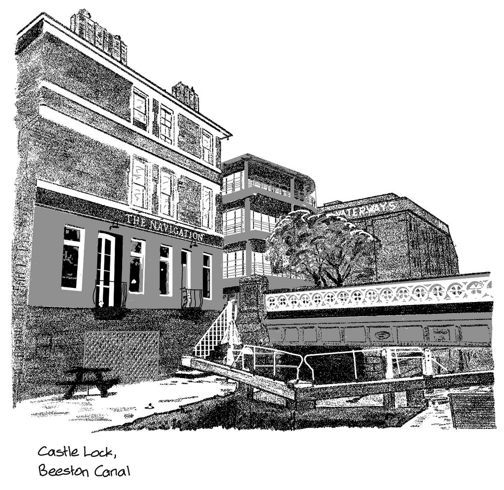 Pencil style drawing of a pub to the left, a canal lock in the foreground, and an ornate iron bridge crossing behind the lock. A modern office block, and a old waterways warehouse are in the background.