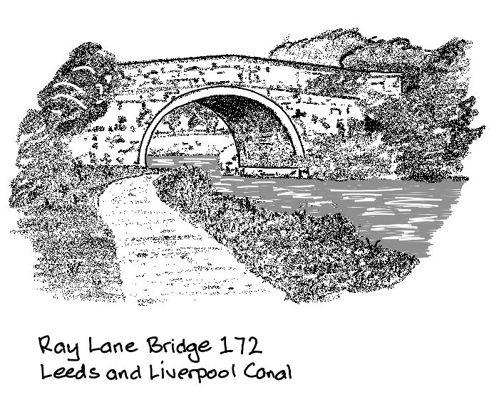 Pencil style drawing of a towpath and canal leading under a stone bridge, flanked by trees