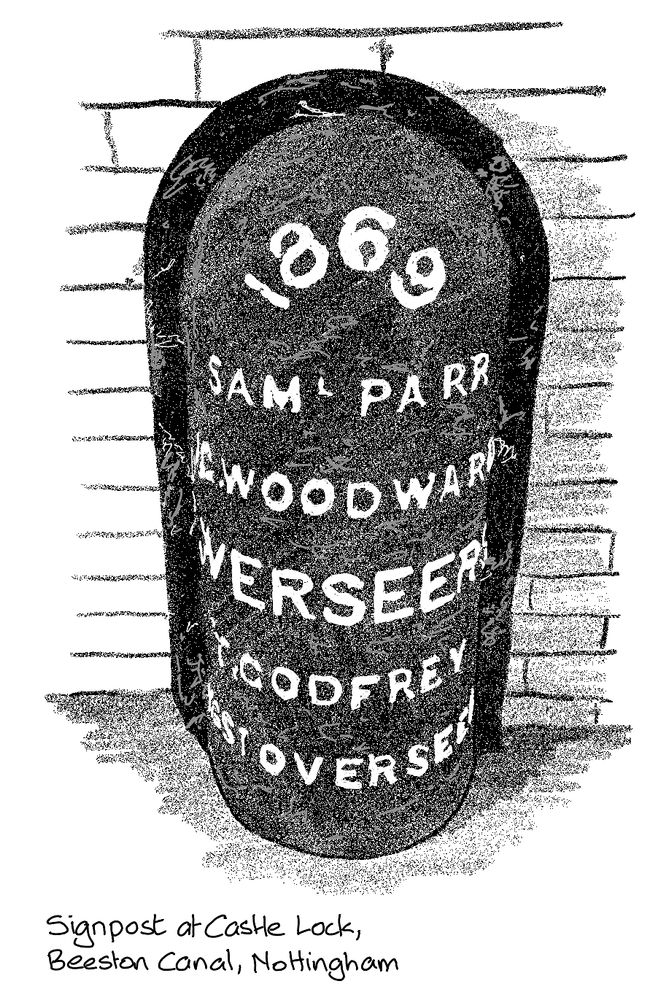 Pencil style drawing of a cast iron sign, half tubular with a rounded top, next to a wall. The visible lettering reads 1869 SAM L PARR WOODWARD WERSEER GODFREY ST OVERSEE. I suspect it was the details of the lock or bridge builder