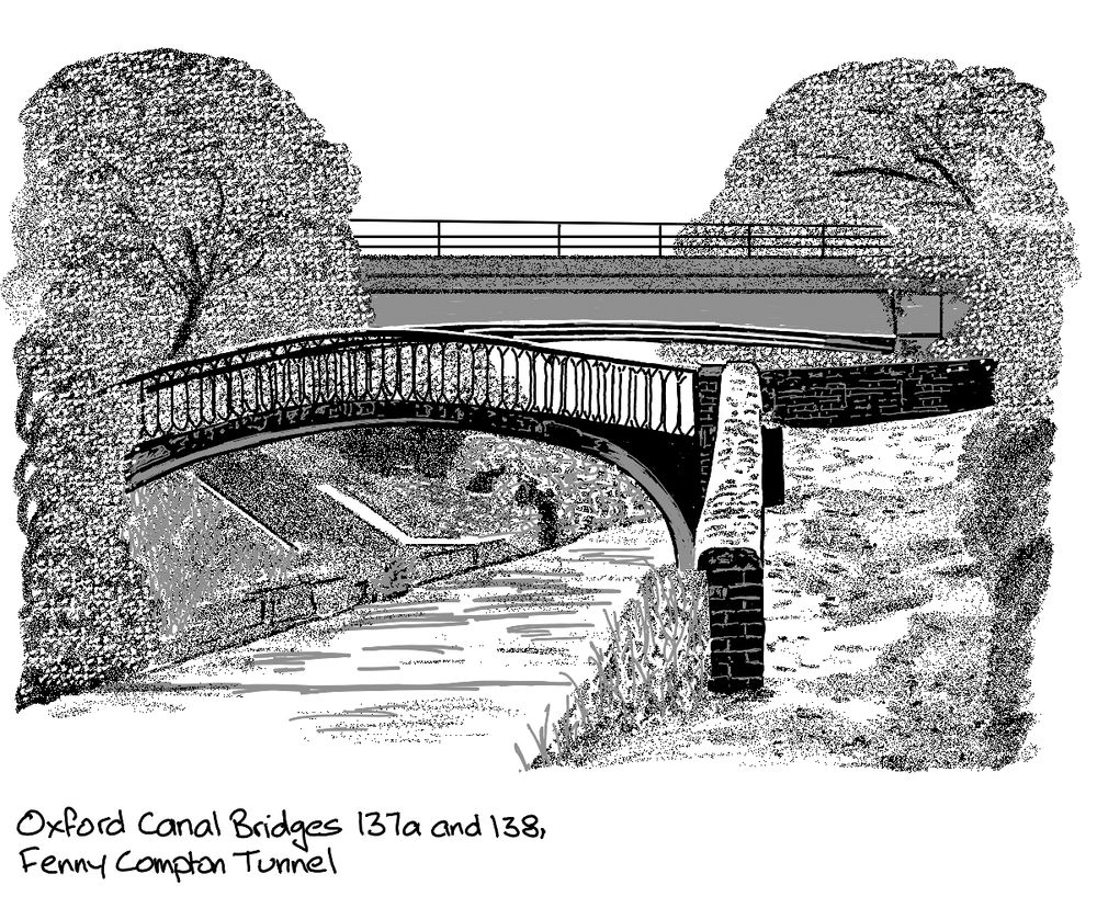 Pencil style drawing of an iron canal bridge. Underneath is the canal. Behind the iron bridge is a newer, steel bridge carrying a road. There is a rough slop on the right, leading up to the bridge